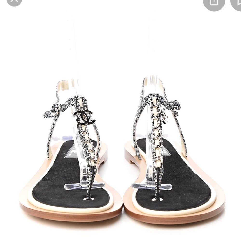 Silver Ivory Metallic Leather CC Logo Sandals 39.5